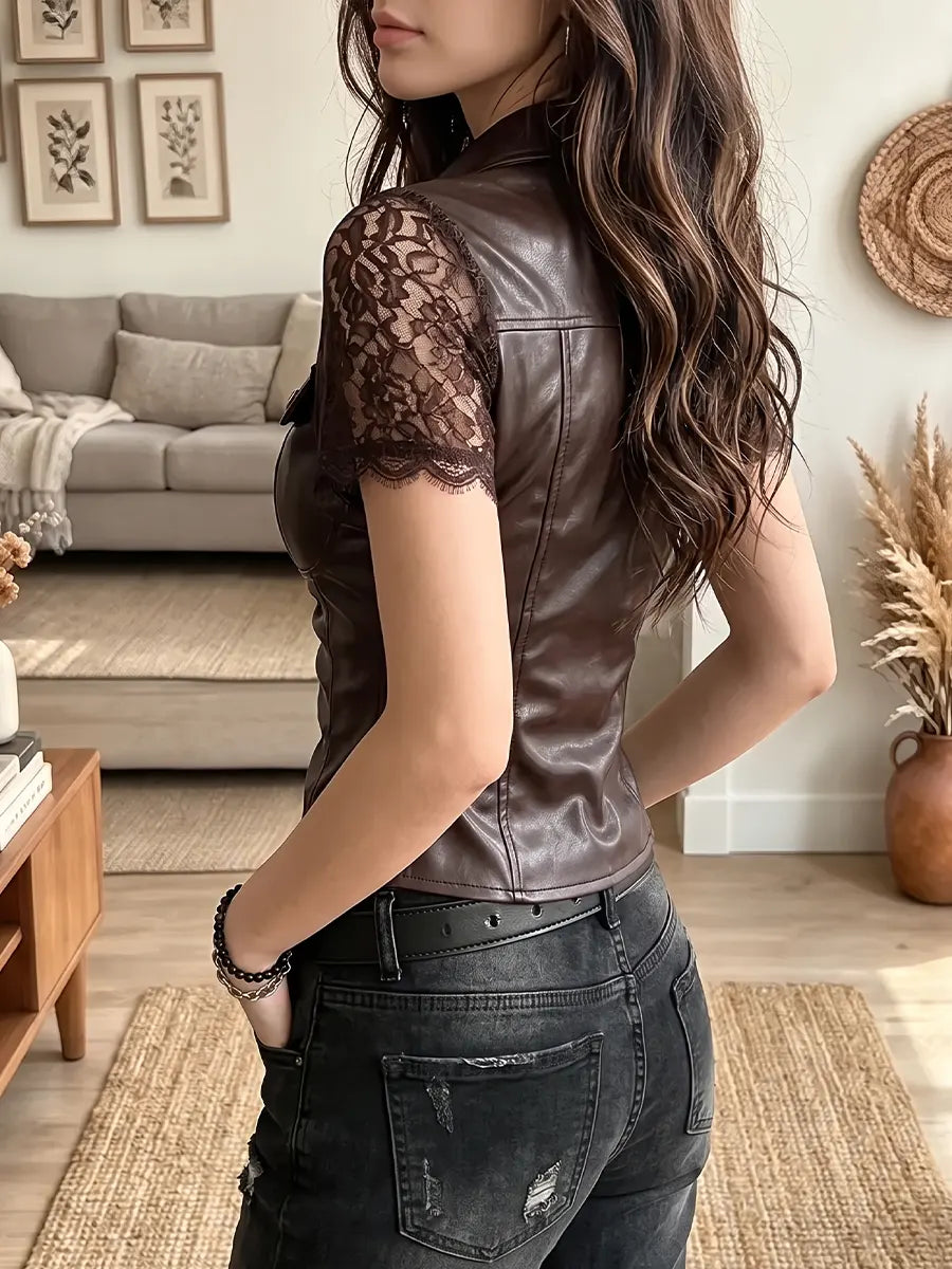 Vintage Elegant Pu Leather Patchwork Lace Buttons Shirt
