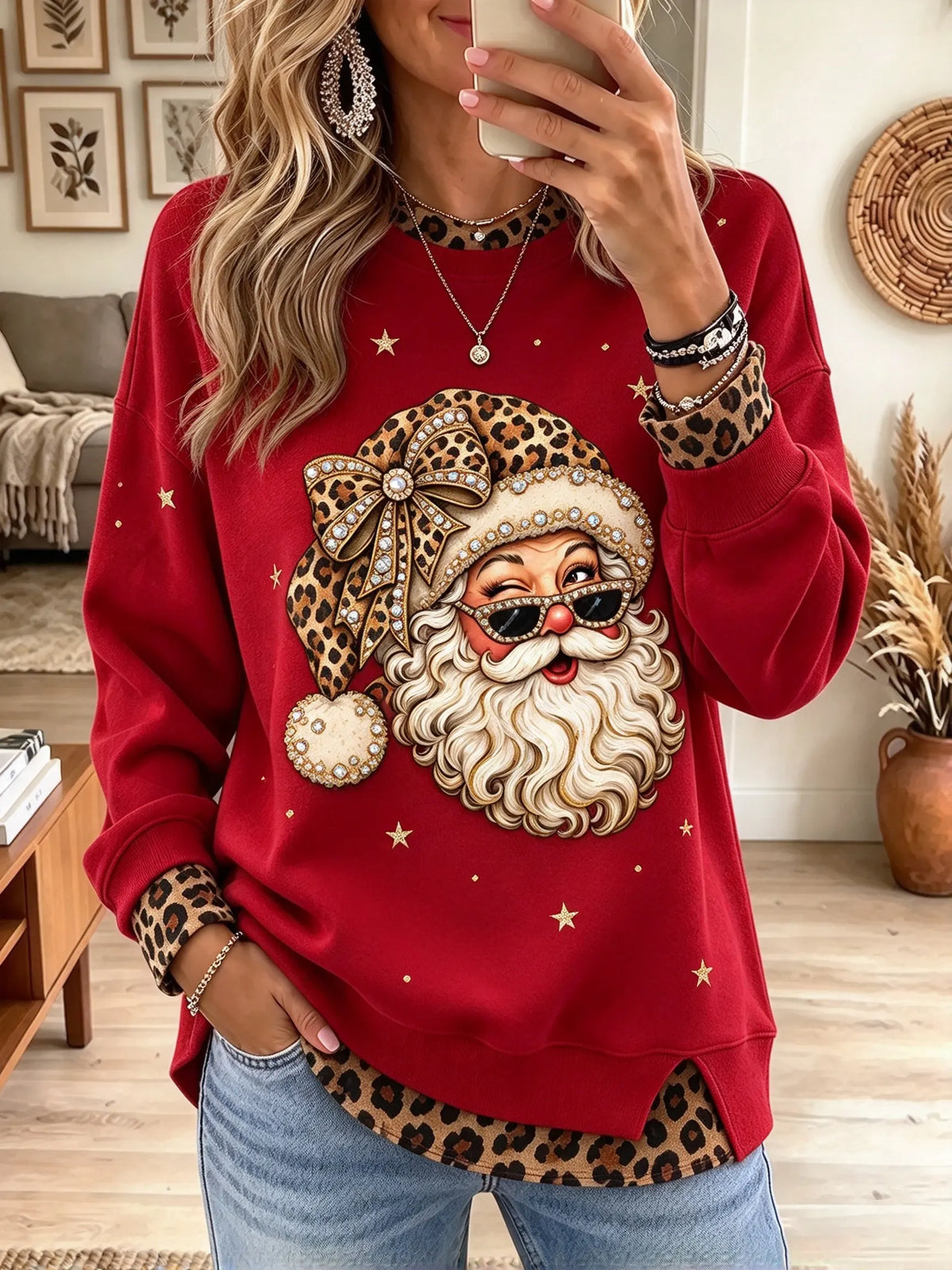 Women's Leopard Hat Santa Double-Layered Sweatshirt