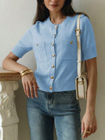 Elegant Button Pockets Short Sleeve Casual Knitted Cardigan Sweater