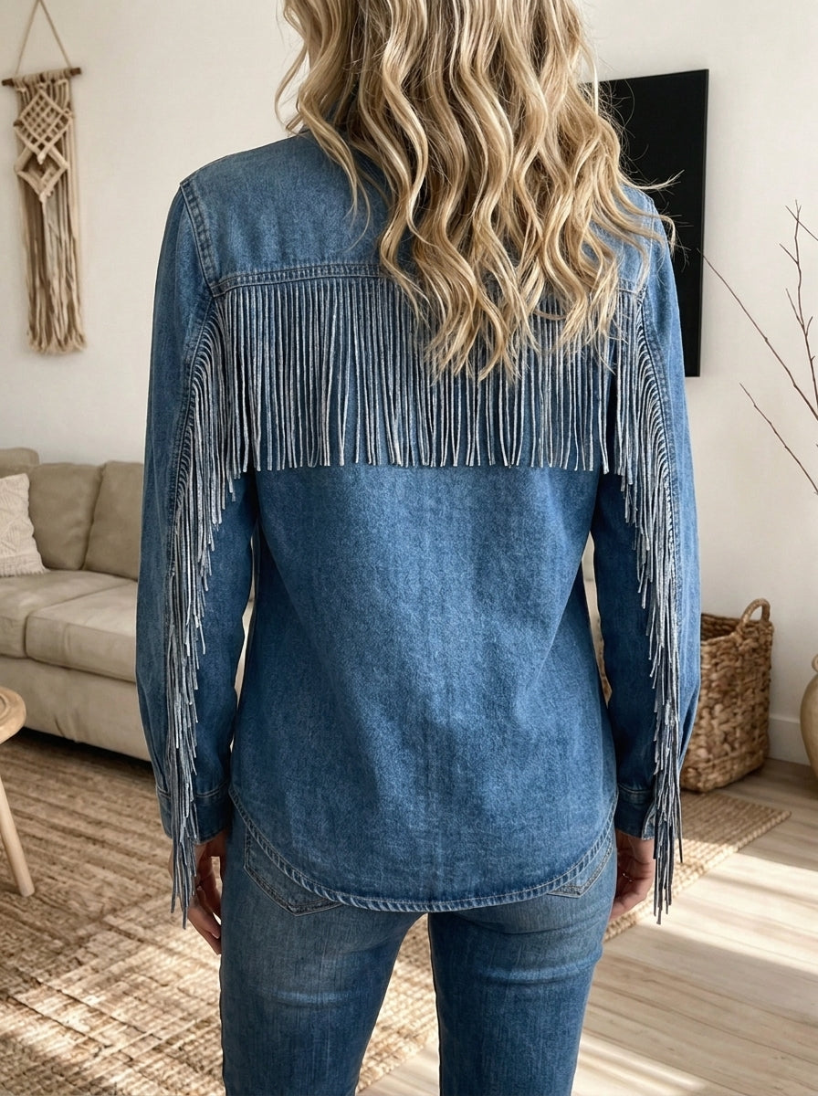 Women Fringe Trim Denim Jacket Classic Turn Collar Long Sleeve Button Down Casual Outerwear
