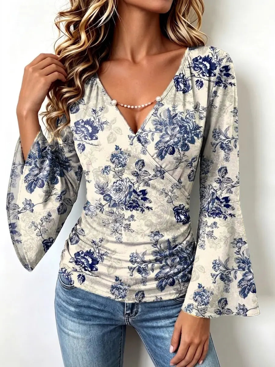 Retro Floral Pattern Art Print Casual Stylish Cotton V Collar Shirt