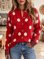 Vintage Elegant Knit Patchwork Plaid Buttons Polka Dots Sweater