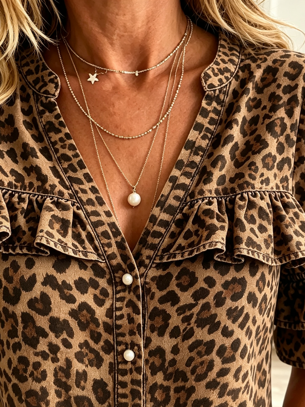 Women's Leopard Print Ruffle Yoke Denim Blouse