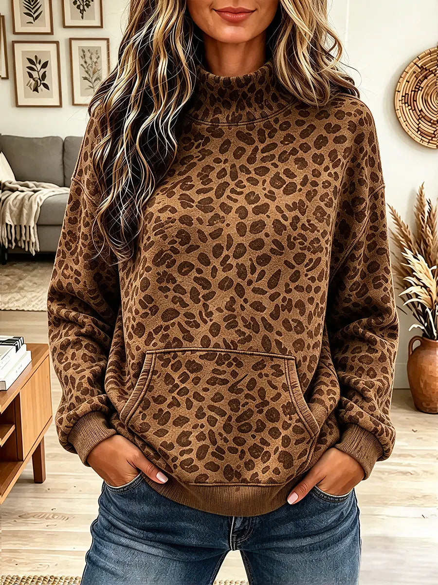 Vintage Elegant Washed Leopard Print High Neck Pocket Sweatshirt