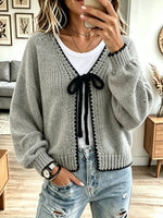 Vintage Bow Contrast Knit Art Casual Stylish Long Sleeve Cardigan Sweater