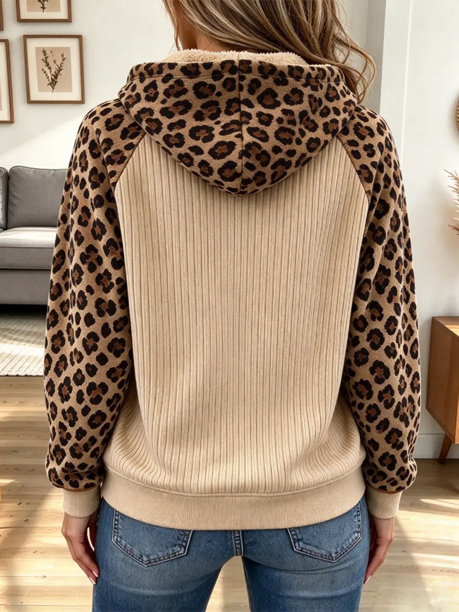 Retro Leopard Pattern Art Patchwork Zip Casual Stylish Long Sleeve Hooded Top
