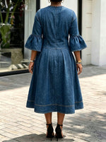 Women Diagonal Gold Buttons Denim Midi Dress Flared 3/4 Sleeve A‑Line Pleated Dress With Pockets