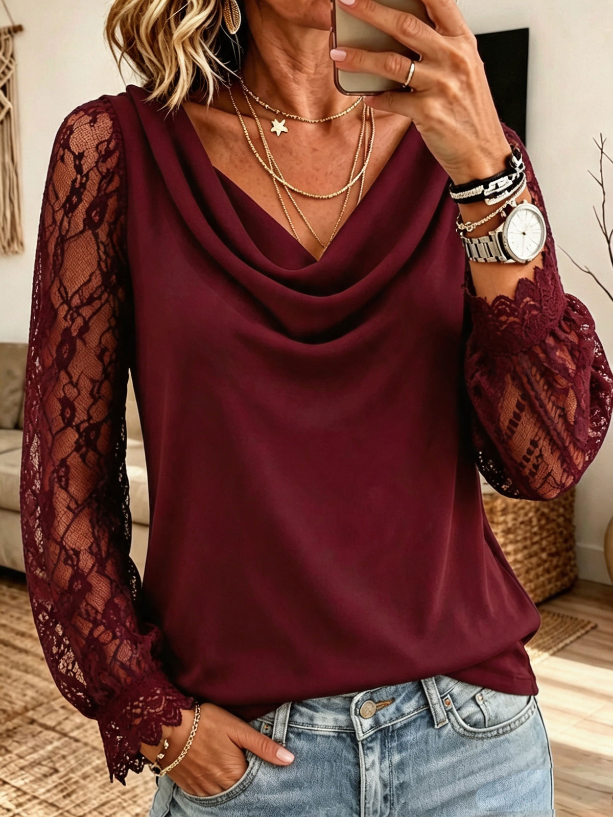 Mustard Velvet Ruffle V‑Neck Long Puff Sleeve Blouse