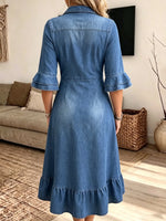 Women's High-Low Ruffle Hem Denim Shirt Dress