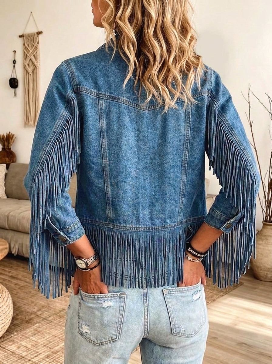 Women Cropped Fringe Denim Jacket Western Button‑Up Vintage Outerwear
