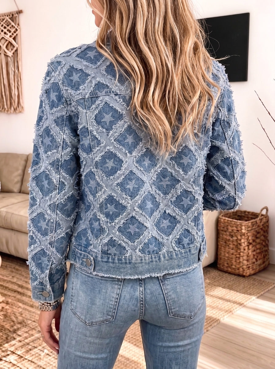 Women Star Patchwork Frayed Denim Jacket, Raw Edge Button‑Down Cropped Jean Outerwear