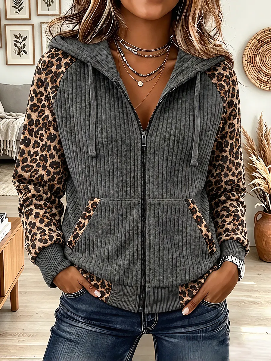Vintage Elegant Knitted Fabric Patchwork Leopard Hooded Jacket