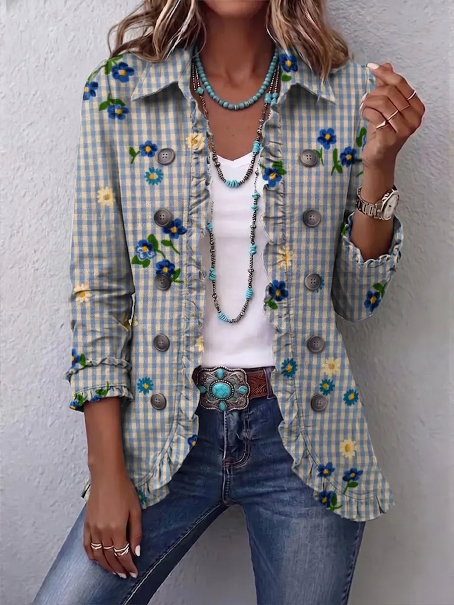 Retro Floral Plaid Pattern Art Print Ruffle Casual Stylish Cotton Lapel Coat