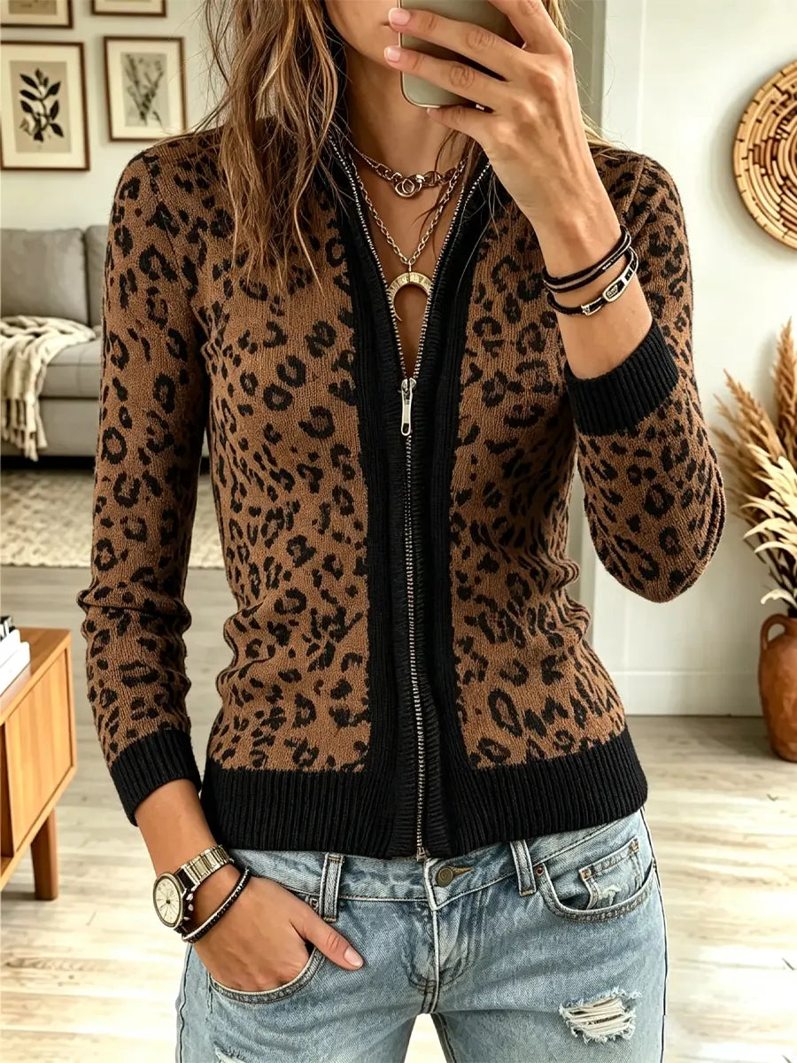 Retro Leopard Pattern Zip Art Casual Stylish Long Sleeve Top