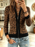 Retro Leopard Pattern Zip Art Casual Stylish Long Sleeve Top