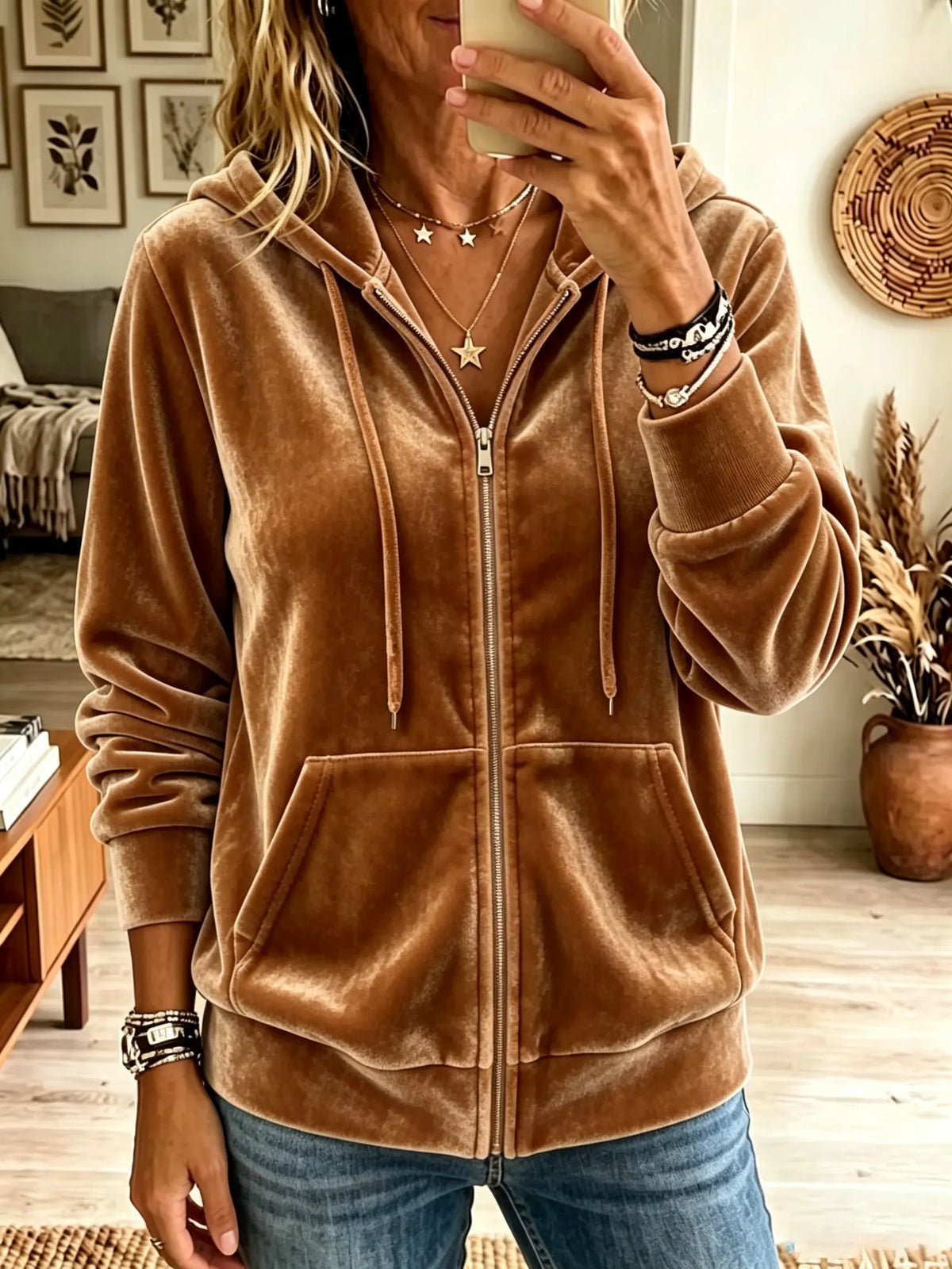 Women's Velvet Zip-Up Hooded Jacket