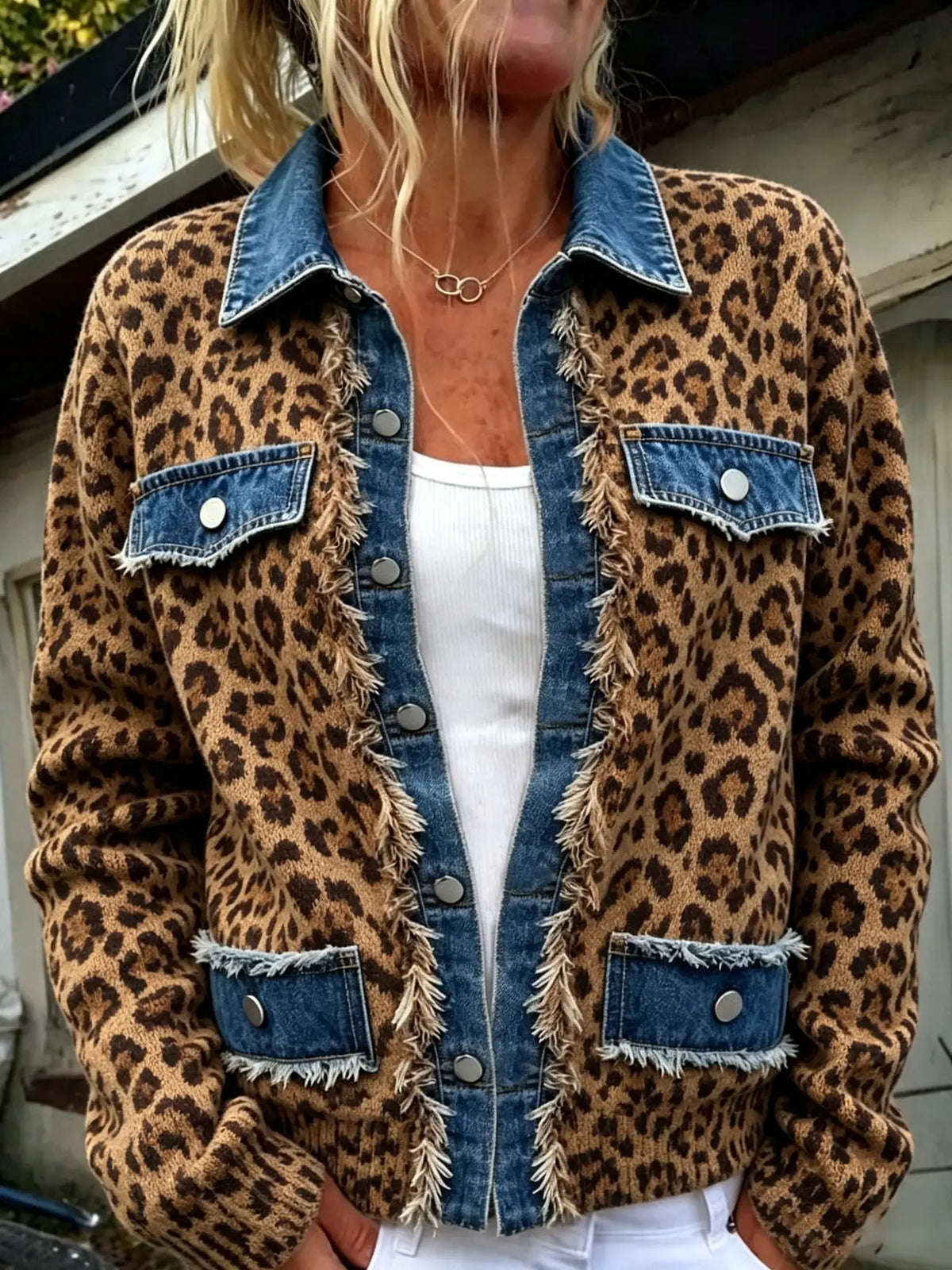 Women's Leopard Knit Denim Patch Cardigan