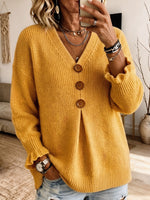 Mustard Yellow V‑Neck Big Button Ruffle Cuff Knit Sweater
