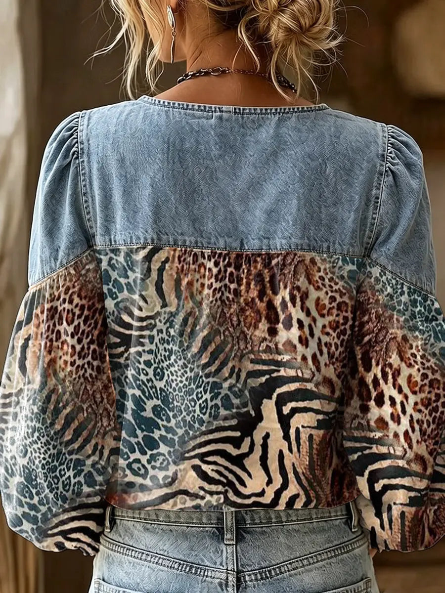 Retro Leopard Pattern Art Print Casual Stylish Denim Patchwork Long Sleeve Shirt