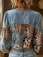 Retro Leopard Pattern Art Print Casual Stylish Denim Patchwork Long Sleeve Shirt