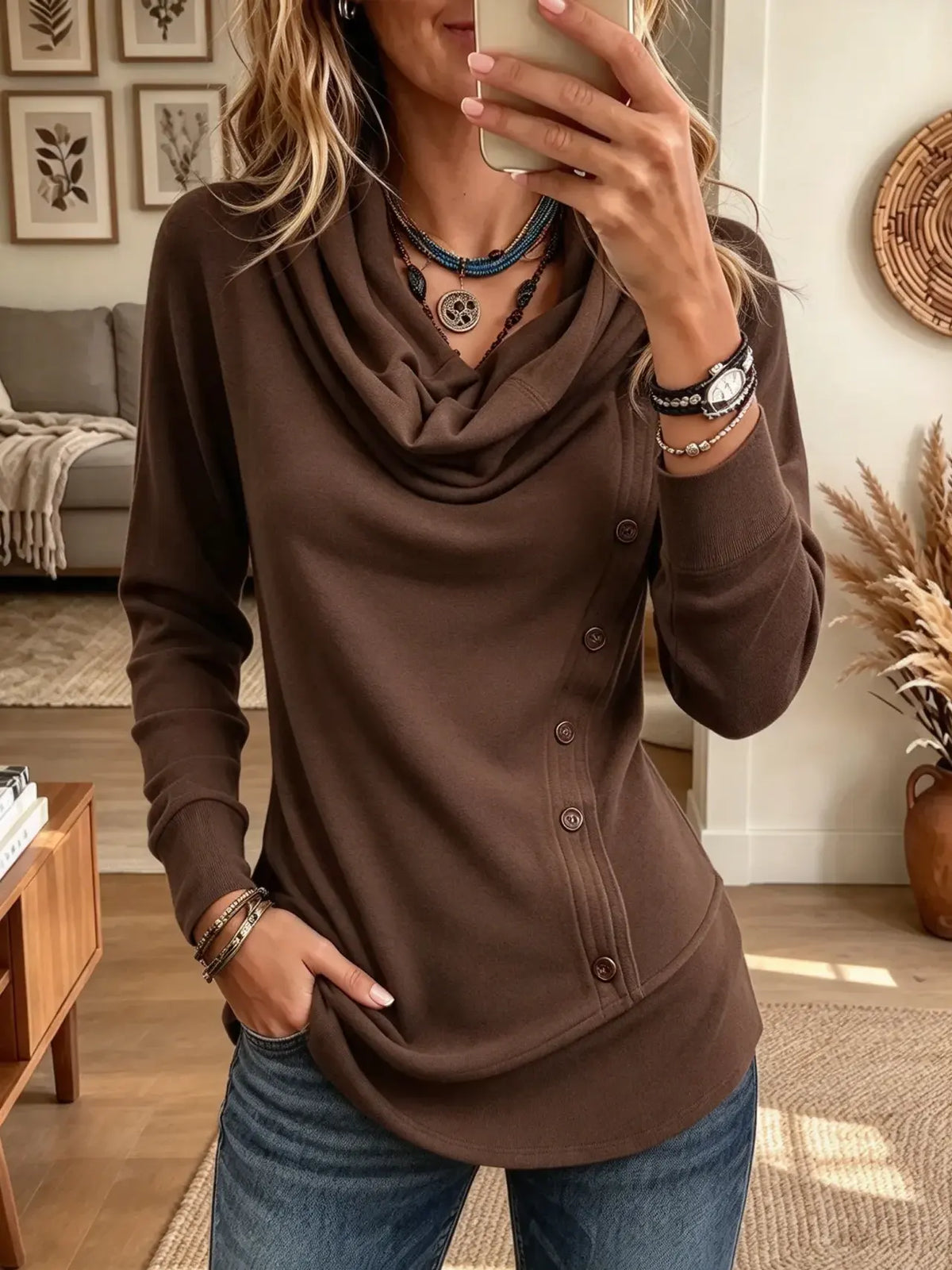 Women's Asymmetrical Button Draped Cowl Neck Tunic