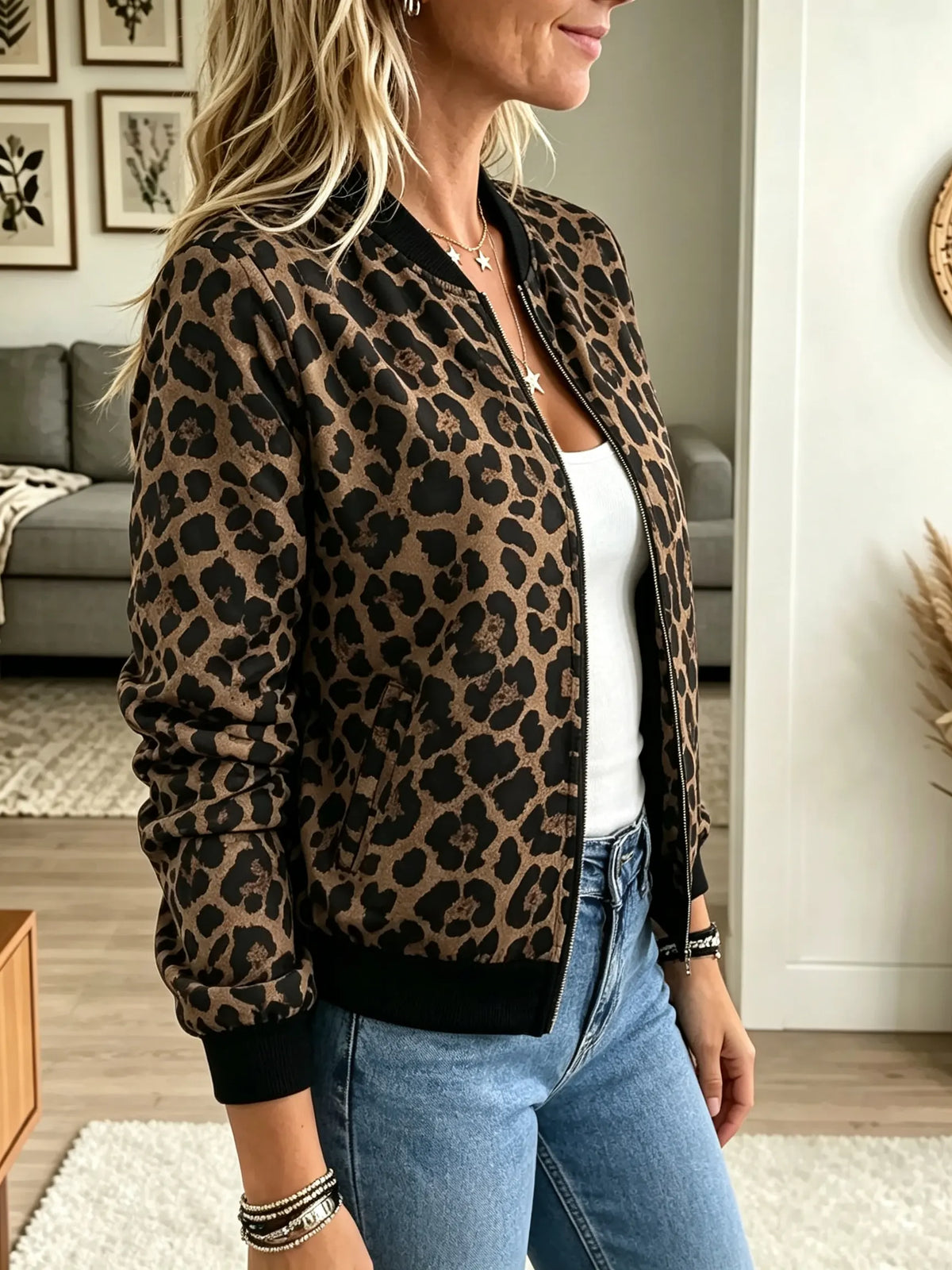 Women's Leopard Print Zip-Up Bomber Jacket
