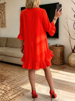 Women Solid Ruffle Bell Sleeve Loose Swing Mini Dress