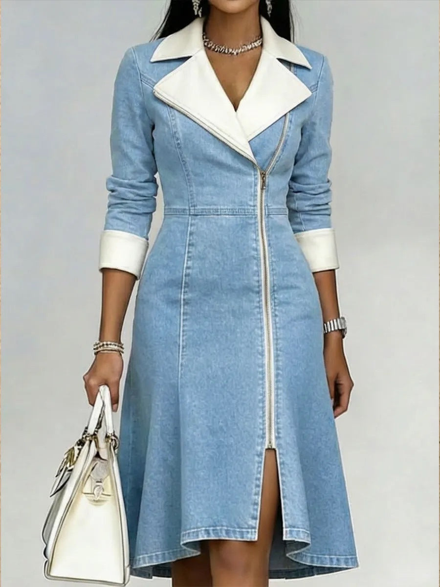 Women Contrast White Lapel Zipper Front Fit & Flare Denim Midi Dress