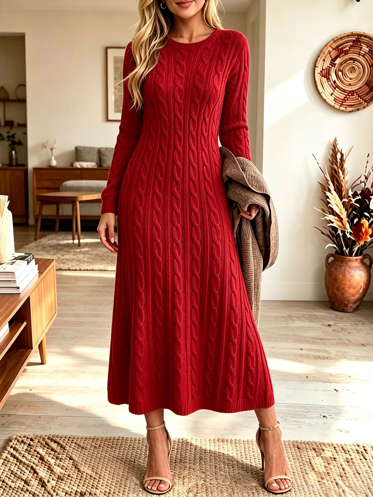 Women Round Neck Cable Knit Long Sleeve A‑Line Midi Sweater Dress