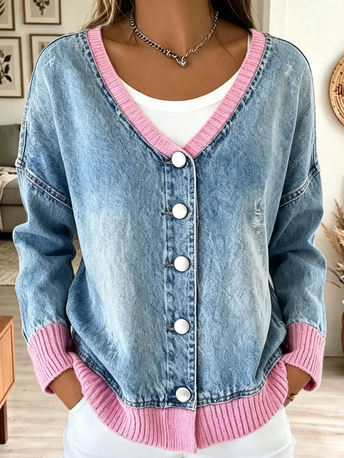 Women's Ribbed Trim Oversized Denim Cardigan