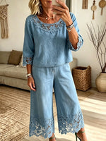 Women's Crochet Cutout Denim Two-Piece Set