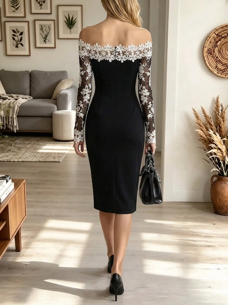 Women's Off-the-Shoulder Floral Lace Midi Sheath Dress