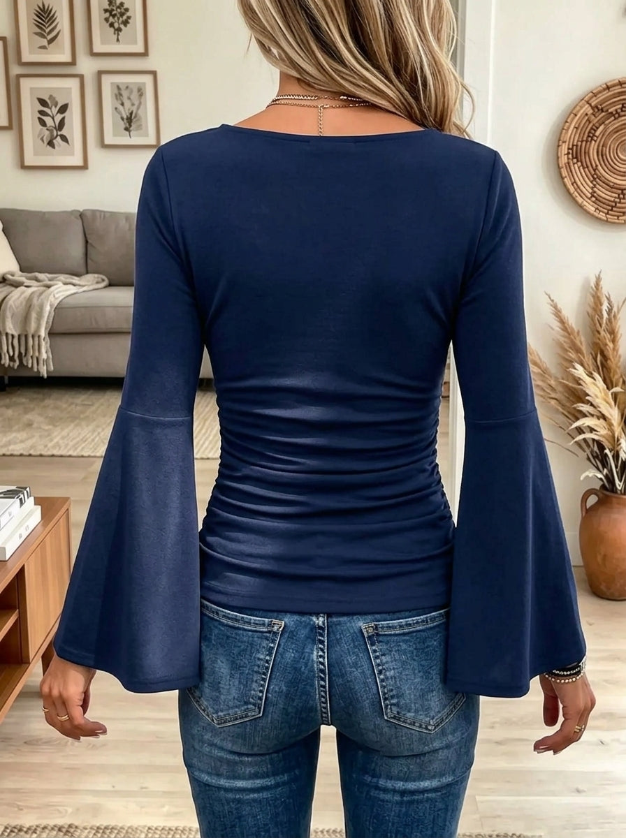 Women's Plunging V-Neck Ruched Bell Sleeve Top