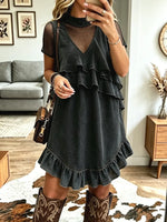 Vintage Western V Collar Ruffle Art Casual Stylish Midi Denim Dress