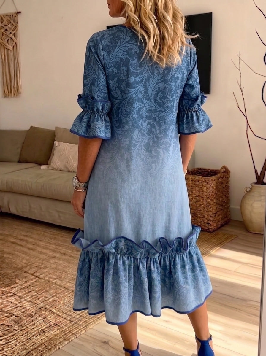 Women Gradient Floral Ruffle Midi Dress Casual Loose Short Sleeve Dress With Pockets