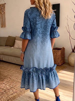 Women Gradient Floral Ruffle Midi Dress Casual Loose Short Sleeve Dress With Pockets