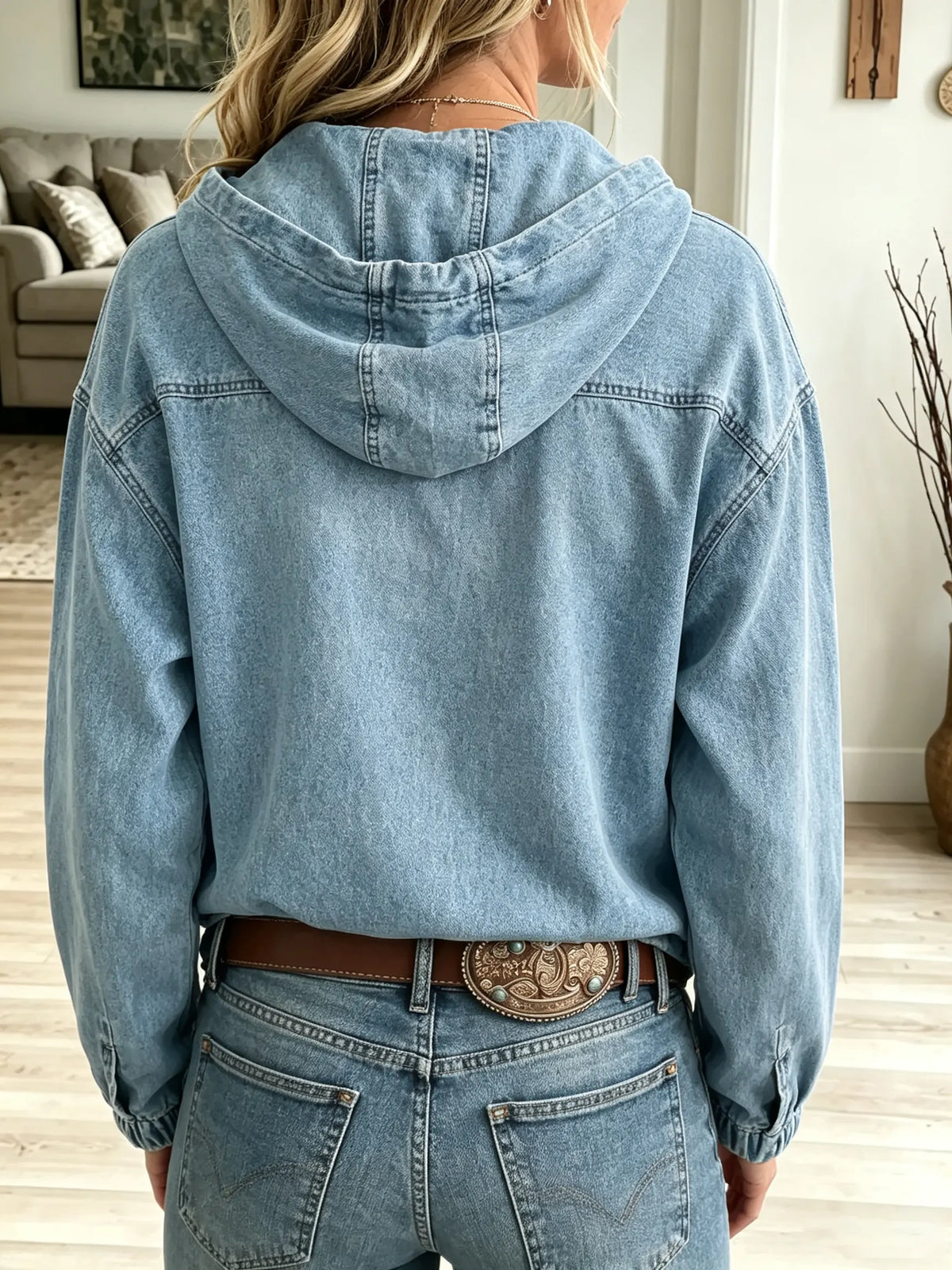 Women's Button Henley Denim Pullover Hoodie