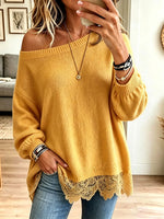 Women Off‑Shoulder Lace Hem Loose Knit Sweate