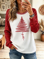 Women's Sequin Sleeve Print Christmas Tree Top