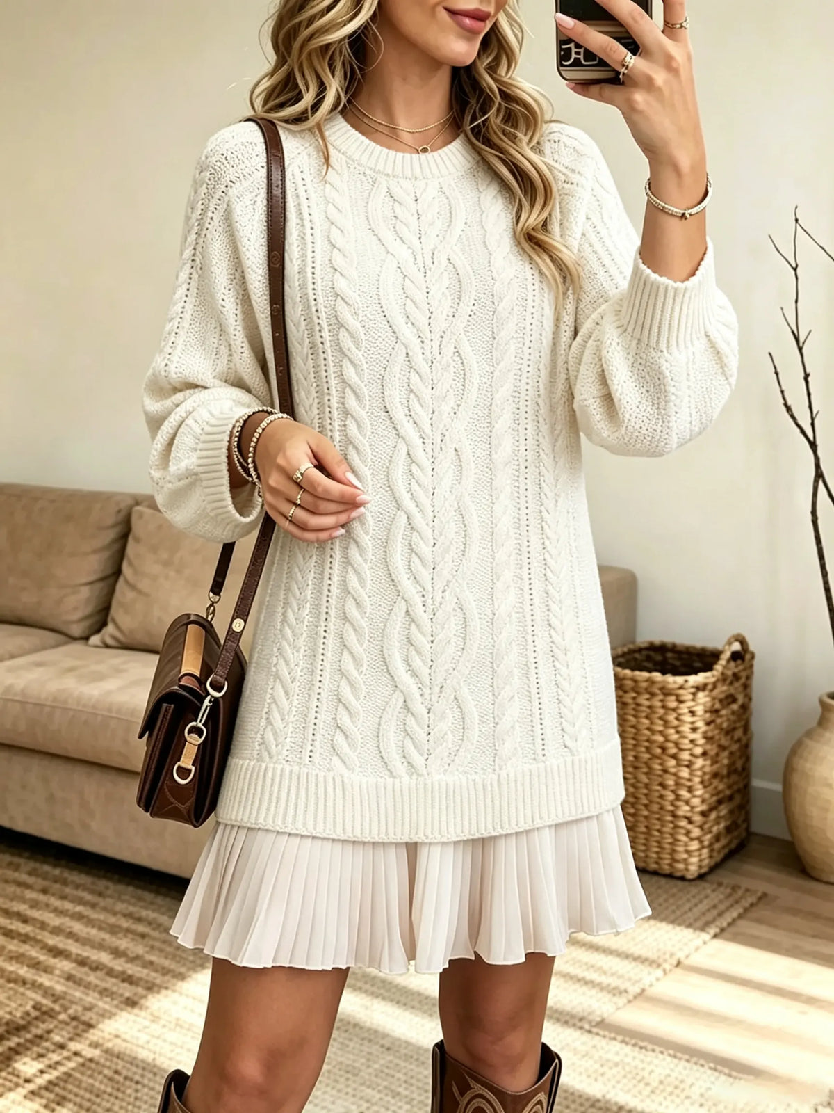 Women's Cable Knit Pleated Hem Sweater Dress