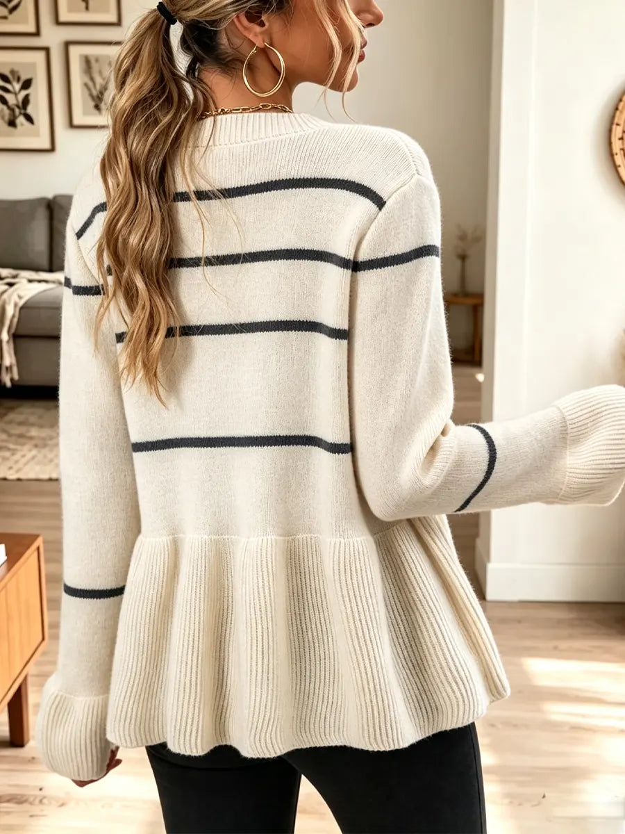 Elegant Ruffle Stripe Pattern Knit Art Casual Stylish Long Sleeve Cardigan Sweater
