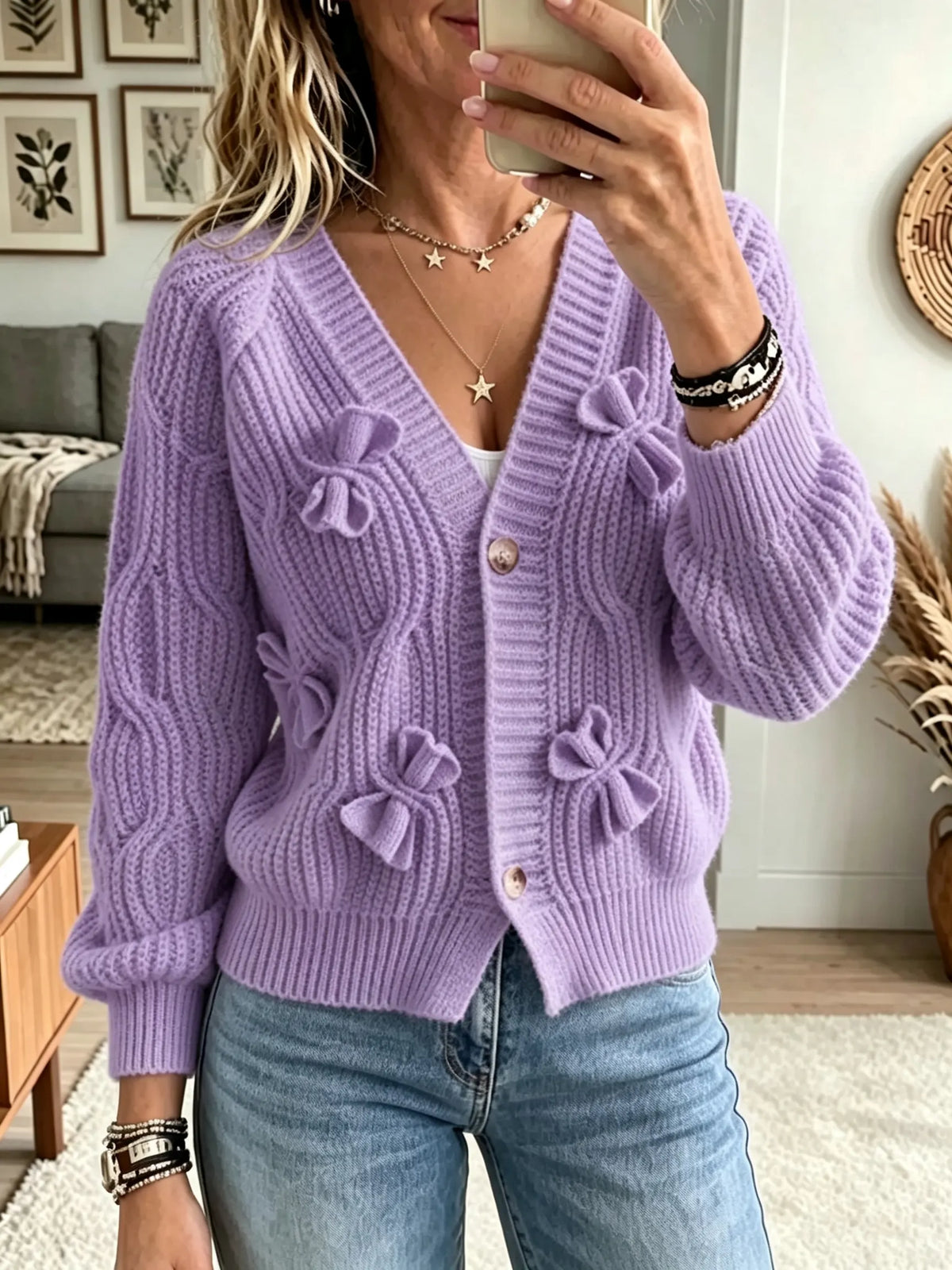 Women's 3D Bow Accent Cable Knit Cardigan