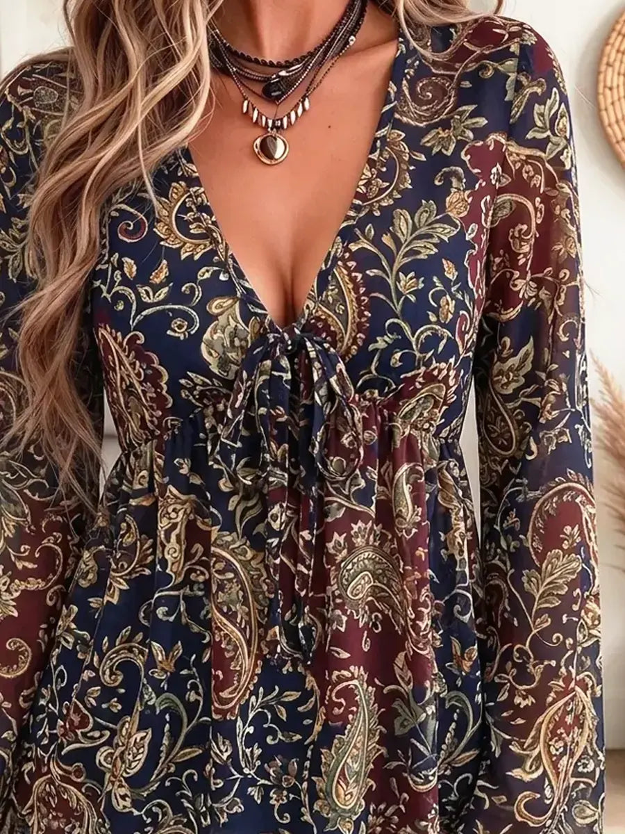 Retro Ethnic Floral Pattern Art Print Casual Stylish Long Sleeve Mesh V Collar Shirt
