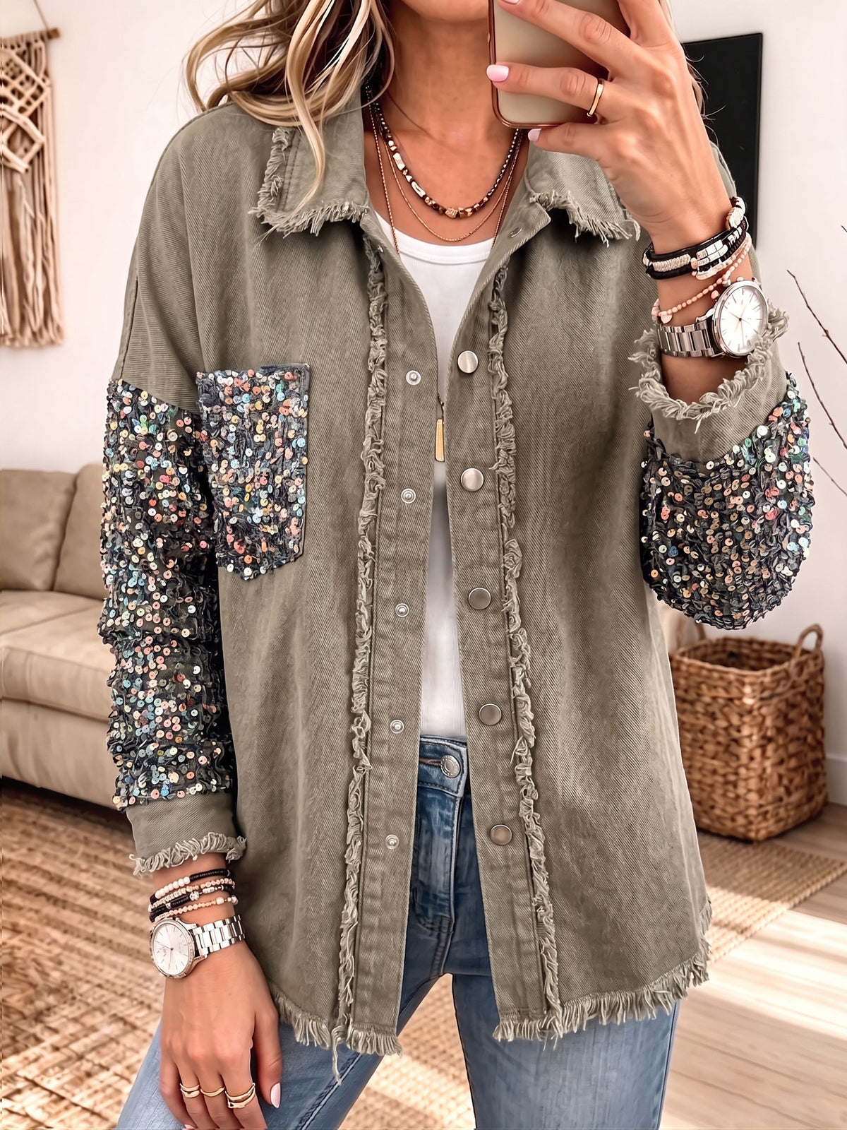 Women Sequin Patch Sleeve Fringed Shacket, Button‑Down Raw Edge Casual Oversized Jacket