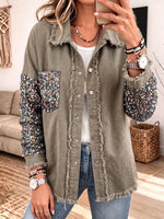 Women Sequin Patch Sleeve Fringed Shacket, Button‑Down Raw Edge Casual Oversized Jacket