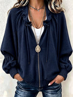 Women Drawstring Ruched Collar Full‑Zip Batwing Sleeve Textured Jacket
