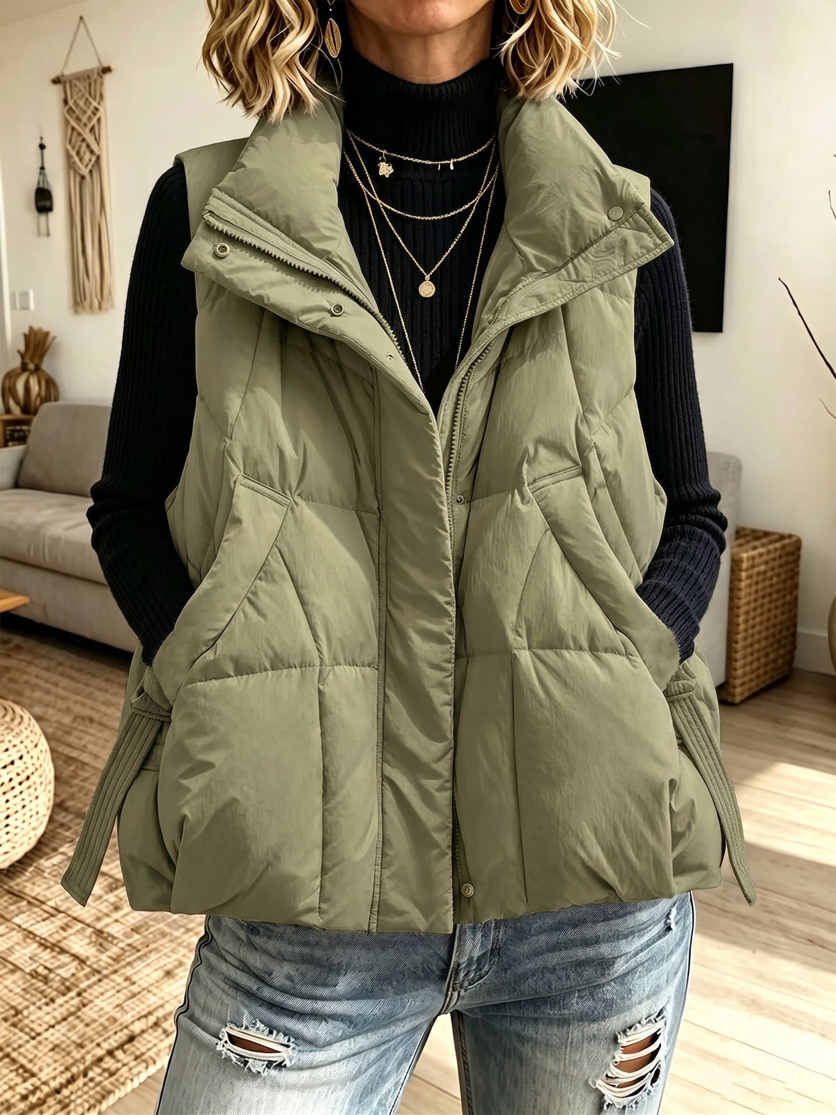 Women Stand Collar Quilted Puffer Vest With Side Drawstring & Pockets