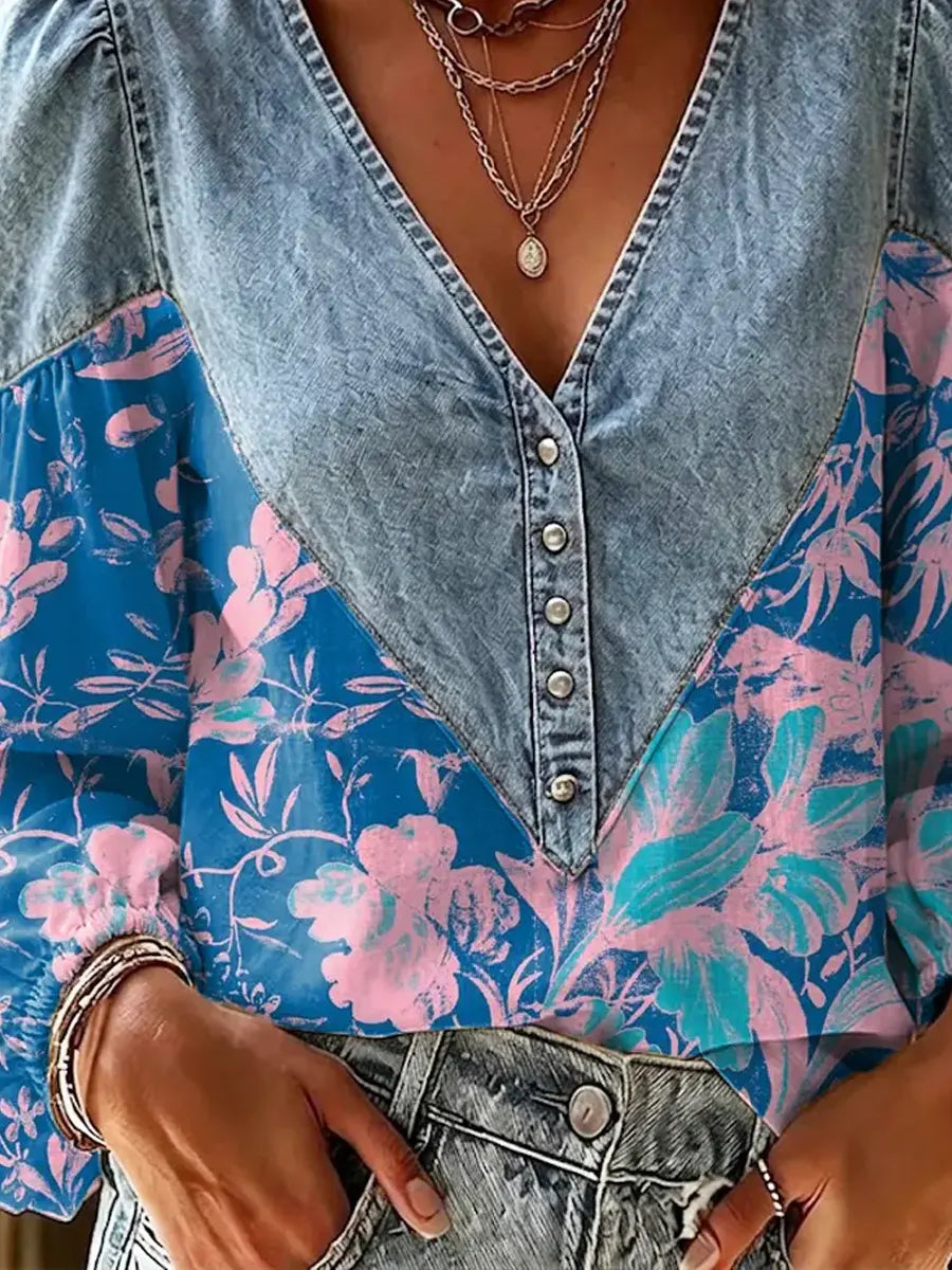 Retro Floral Pattern Art Print Casual Stylish Denim Patchwork Long Sleeve Shirt