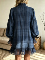 Women's Plaid Mesh Trim Mock-Neck Mini Dress