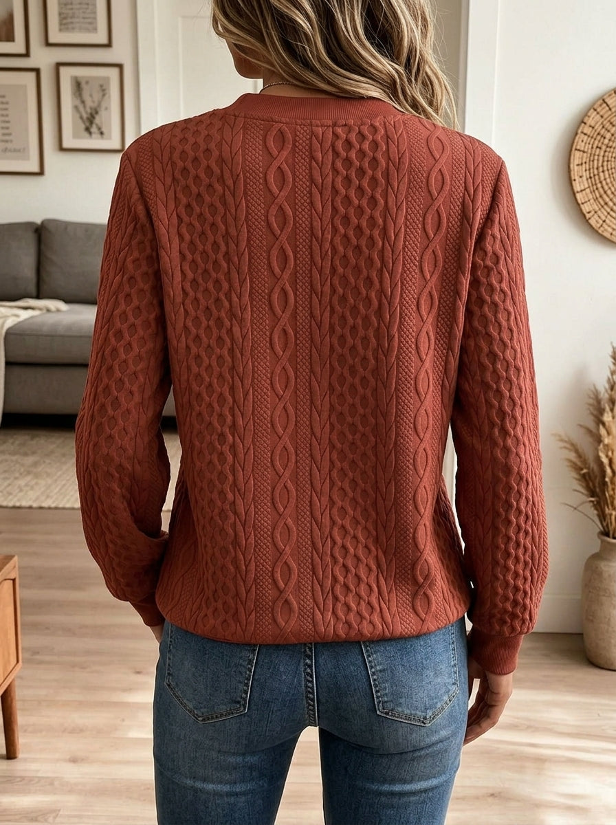 Women Brick Red Cable Textured Half Zip Long Sleeve Pullover Top